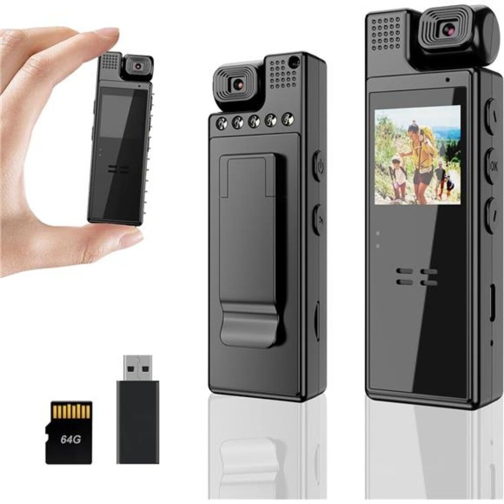 Mini Body Camera 1080P Portable Body Worn Cam w/ Night Vision  64G Memory Card